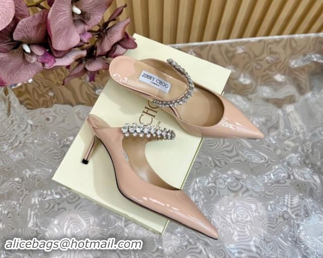 Good Looking Jimmy Choo Bing Heel Mules 6.5cm with Strass Strap in Patent Leather Nude Pink 724045