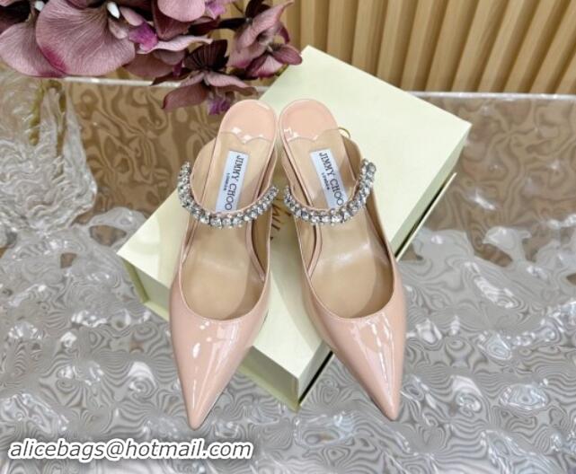 Good Looking Jimmy Choo Bing Heel Mules 6.5cm with Strass Strap in Patent Leather Nude Pink 724045