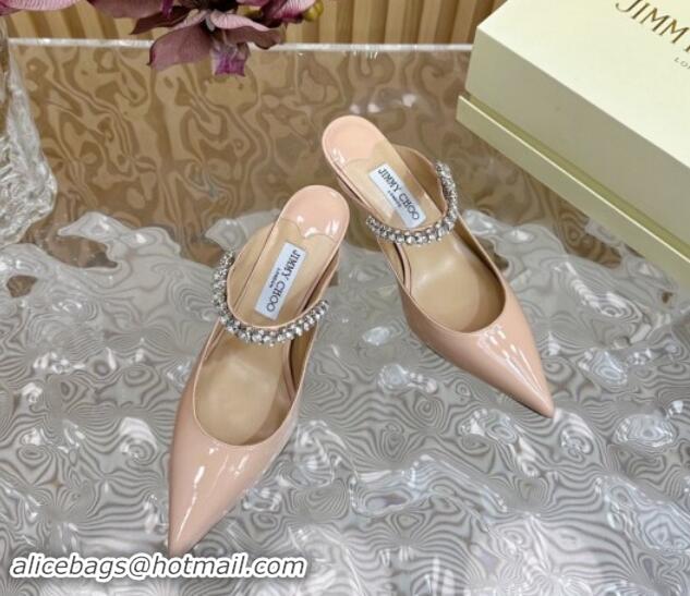 Good Looking Jimmy Choo Bing Heel Mules 6.5cm with Strass Strap in Patent Leather Nude Pink 724045