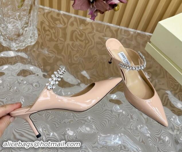 Good Looking Jimmy Choo Bing Heel Mules 6.5cm with Strass Strap in Patent Leather Nude Pink 724045