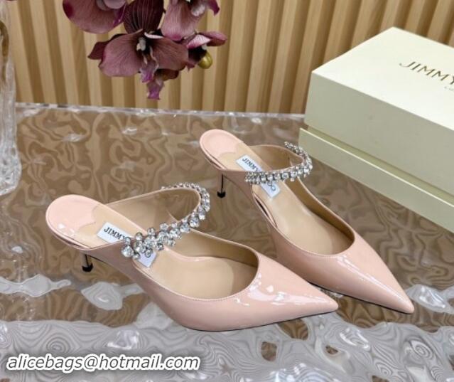 Good Looking Jimmy Choo Bing Heel Mules 6.5cm with Strass Strap in Patent Leather Nude Pink 724045