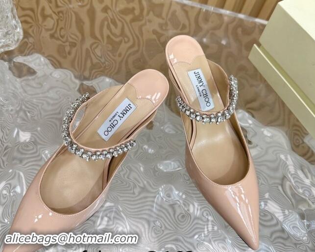 Good Looking Jimmy Choo Bing Heel Mules 6.5cm with Strass Strap in Patent Leather Nude Pink 724045