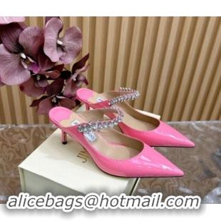 Cheap Price Jimmy Choo Bing Heel Mules 6.5cm with Strass Strap in Patent Leather Pink 724046