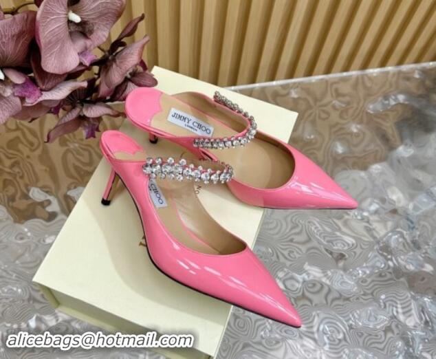 Cheap Price Jimmy Choo Bing Heel Mules 6.5cm with Strass Strap in Patent Leather Pink 724046