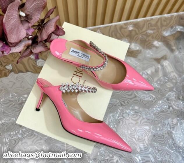 Cheap Price Jimmy Choo Bing Heel Mules 6.5cm with Strass Strap in Patent Leather Pink 724046