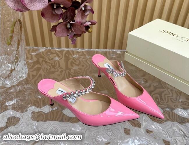 Cheap Price Jimmy Choo Bing Heel Mules 6.5cm with Strass Strap in Patent Leather Pink 724046