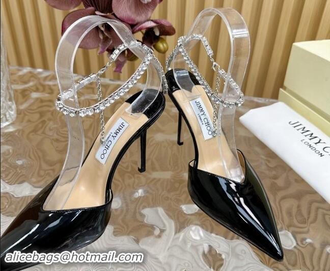 Top Grade Jimmy Choo Saeda Slingbacks Pumps 10.5cm with Strass Strap in Glazed Leather Black 724048