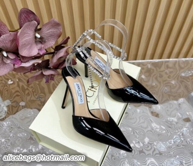 Top Grade Jimmy Choo Saeda Slingbacks Pumps 10.5cm with Strass Strap in Glazed Leather Black 724048