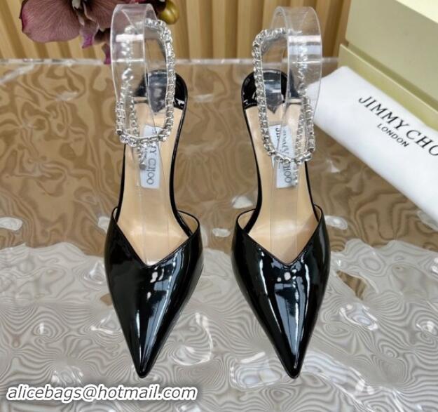 Top Grade Jimmy Choo Saeda Slingbacks Pumps 10.5cm with Strass Strap in Glazed Leather Black 724048