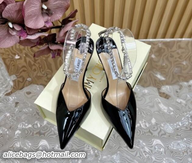 Top Grade Jimmy Choo Saeda Slingbacks Pumps 10.5cm with Strass Strap in Glazed Leather Black 724048