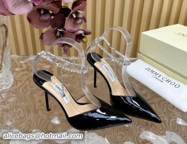 Top Grade Jimmy Choo Saeda Slingbacks Pumps 10.5cm with Strass Strap in Glazed Leather Black 724048