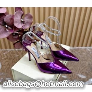 Luxurious Jimmy Choo Saeda Slingbacks Pumps 10.5cm with Strass Strap in Glazed Leather Purple 724049