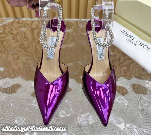 Luxurious Jimmy Choo Saeda Slingbacks Pumps 10.5cm with Strass Strap in Glazed Leather Purple 724049