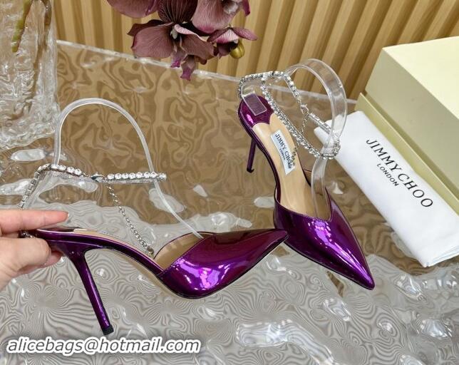 Luxurious Jimmy Choo Saeda Slingbacks Pumps 10.5cm with Strass Strap in Glazed Leather Purple 724049