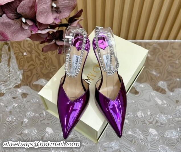 Luxurious Jimmy Choo Saeda Slingbacks Pumps 10.5cm with Strass Strap in Glazed Leather Purple 724049