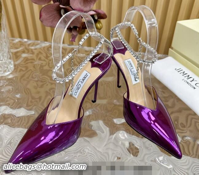 Luxurious Jimmy Choo Saeda Slingbacks Pumps 10.5cm with Strass Strap in Glazed Leather Purple 724049