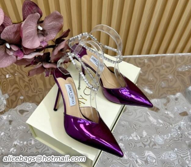 Luxurious Jimmy Choo Saeda Slingbacks Pumps 10.5cm with Strass Strap in Glazed Leather Purple 724049