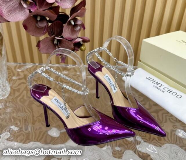 Luxurious Jimmy Choo Saeda Slingbacks Pumps 10.5cm with Strass Strap in Glazed Leather Purple 724049