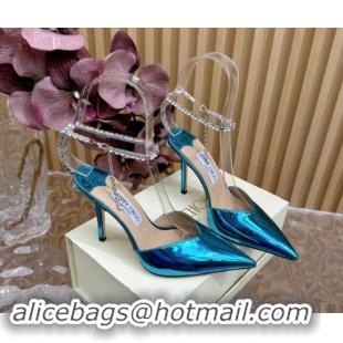 Best Product Jimmy Choo Saeda Slingbacks Pumps 10.5cm with Strass Strap in Glazed Leather Blue 724050