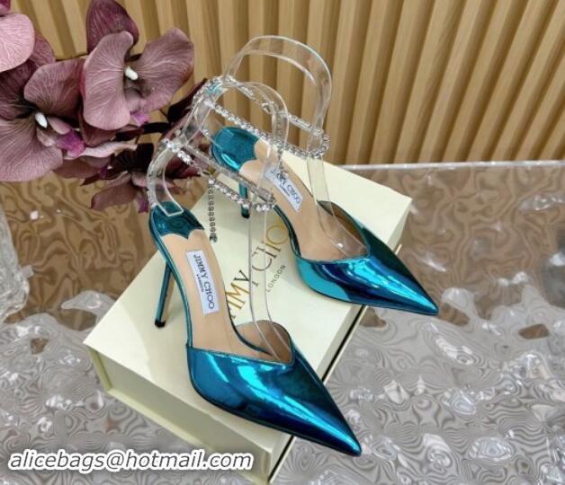 Best Product Jimmy Choo Saeda Slingbacks Pumps 10.5cm with Strass Strap in Glazed Leather Blue 724050