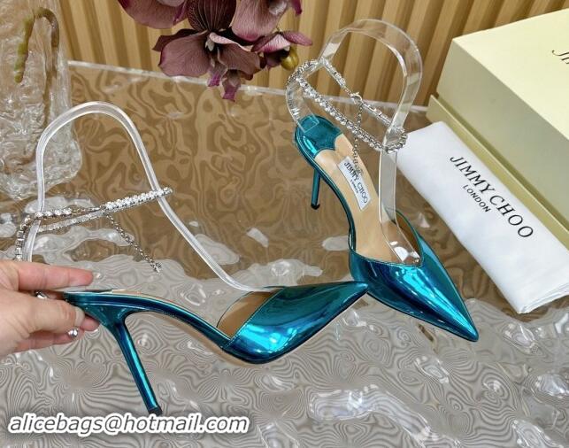 Best Product Jimmy Choo Saeda Slingbacks Pumps 10.5cm with Strass Strap in Glazed Leather Blue 724050