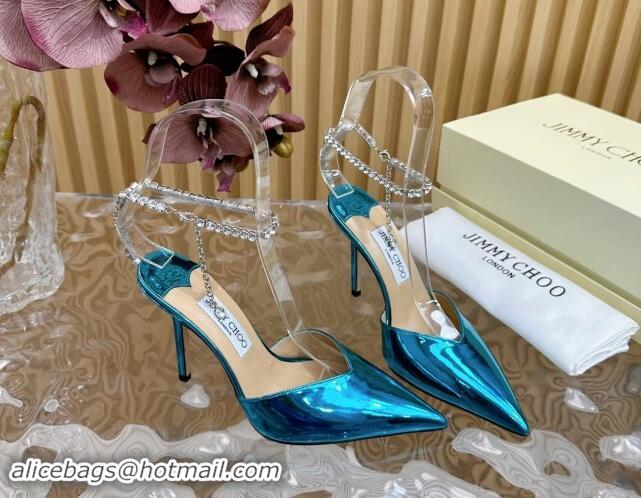 Best Product Jimmy Choo Saeda Slingbacks Pumps 10.5cm with Strass Strap in Glazed Leather Blue 724050