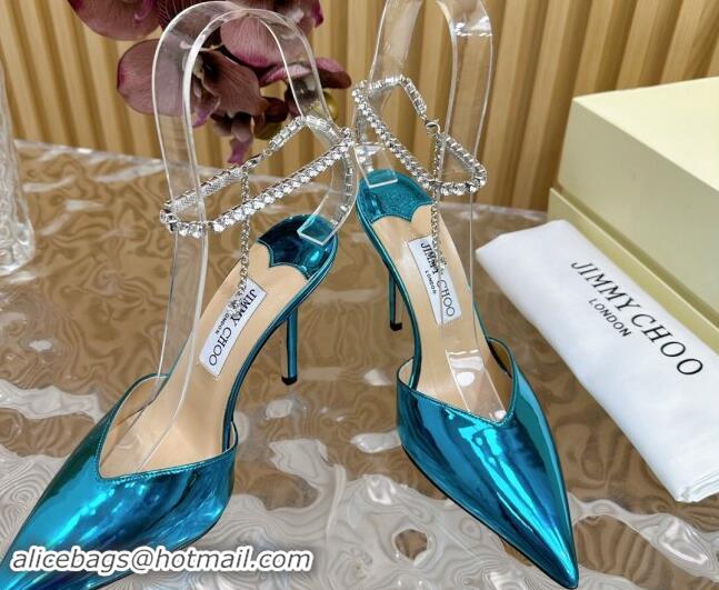 Best Product Jimmy Choo Saeda Slingbacks Pumps 10.5cm with Strass Strap in Glazed Leather Blue 724050