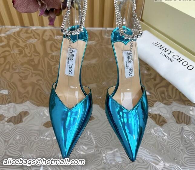 Best Product Jimmy Choo Saeda Slingbacks Pumps 10.5cm with Strass Strap in Glazed Leather Blue 724050