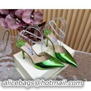 Pretty Style Jimmy Choo Saeda Slingbacks Pumps 10.5cm with Strass Strap in Glazed Leather Green 724051