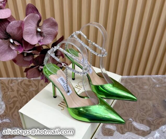 Pretty Style Jimmy Choo Saeda Slingbacks Pumps 10.5cm with Strass Strap in Glazed Leather Green 724051