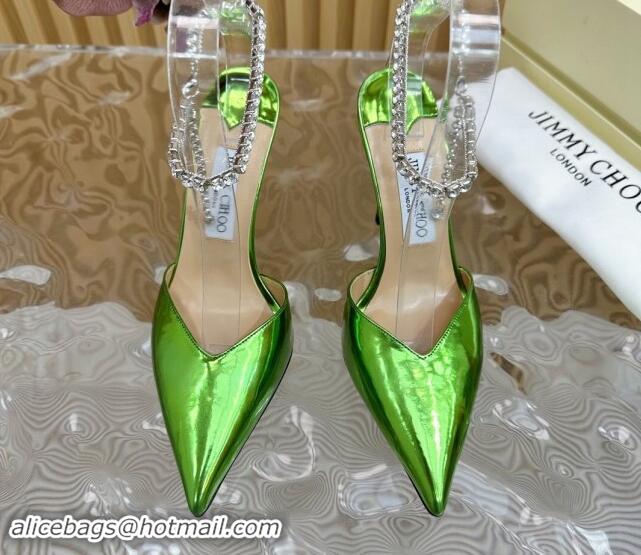 Pretty Style Jimmy Choo Saeda Slingbacks Pumps 10.5cm with Strass Strap in Glazed Leather Green 724051