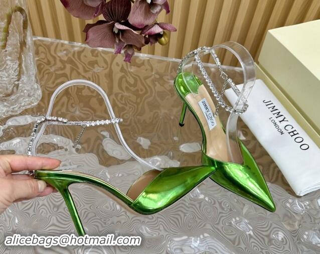 Pretty Style Jimmy Choo Saeda Slingbacks Pumps 10.5cm with Strass Strap in Glazed Leather Green 724051