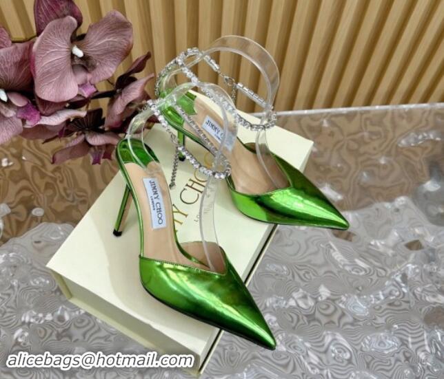 Pretty Style Jimmy Choo Saeda Slingbacks Pumps 10.5cm with Strass Strap in Glazed Leather Green 724051