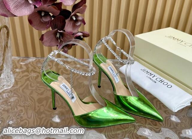 Pretty Style Jimmy Choo Saeda Slingbacks Pumps 10.5cm with Strass Strap in Glazed Leather Green 724051