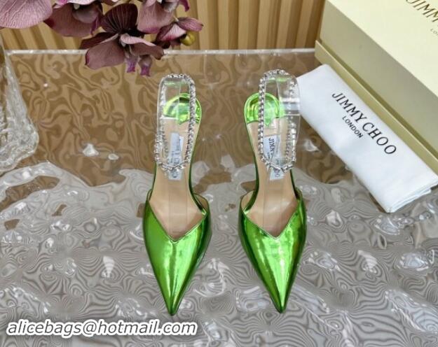 Pretty Style Jimmy Choo Saeda Slingbacks Pumps 10.5cm with Strass Strap in Glazed Leather Green 724051