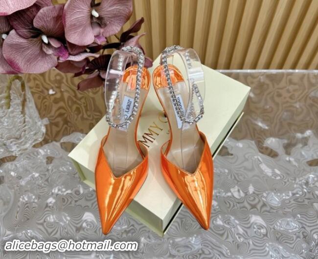 Most Popular Jimmy Choo Saeda Slingbacks Pumps 10.5cm with Strass Strap in Glazed Leather Orange 724052