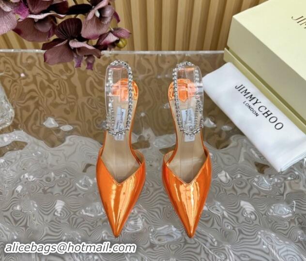 Most Popular Jimmy Choo Saeda Slingbacks Pumps 10.5cm with Strass Strap in Glazed Leather Orange 724052