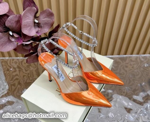 Most Popular Jimmy Choo Saeda Slingbacks Pumps 10.5cm with Strass Strap in Glazed Leather Orange 724052