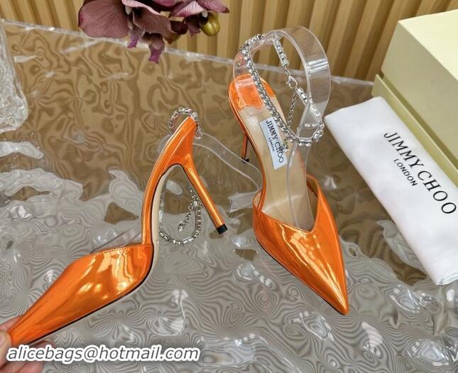 Most Popular Jimmy Choo Saeda Slingbacks Pumps 10.5cm with Strass Strap in Glazed Leather Orange 724052