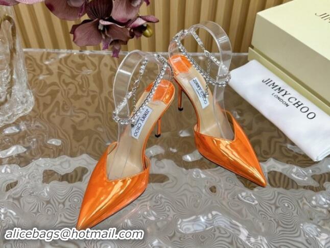 Most Popular Jimmy Choo Saeda Slingbacks Pumps 10.5cm with Strass Strap in Glazed Leather Orange 724052