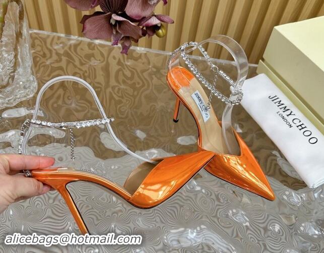 Most Popular Jimmy Choo Saeda Slingbacks Pumps 10.5cm with Strass Strap in Glazed Leather Orange 724052