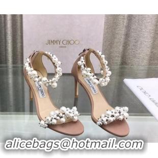 Feminine Jimmy Choo Pearls Leather Heel Sandals 8.5cm Beige 724053