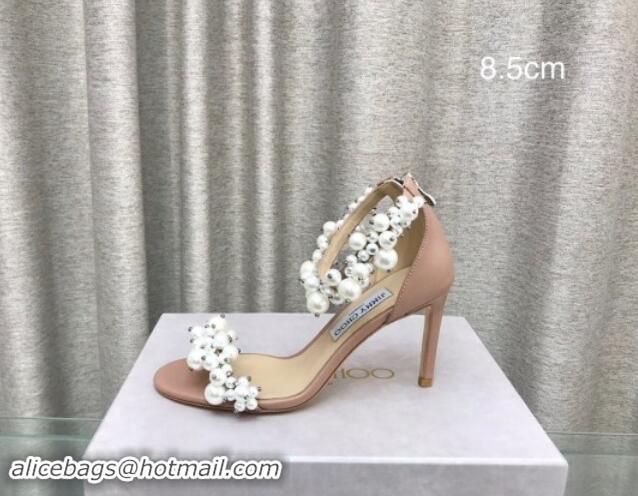 Feminine Jimmy Choo Pearls Leather Heel Sandals 8.5cm Beige 724053