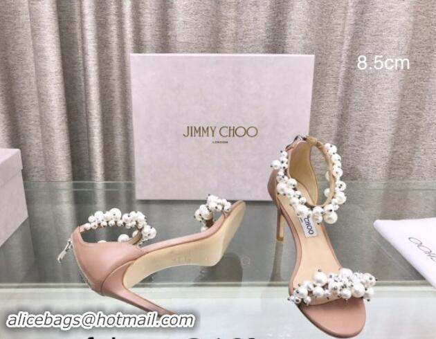 Feminine Jimmy Choo Pearls Leather Heel Sandals 8.5cm Beige 724053