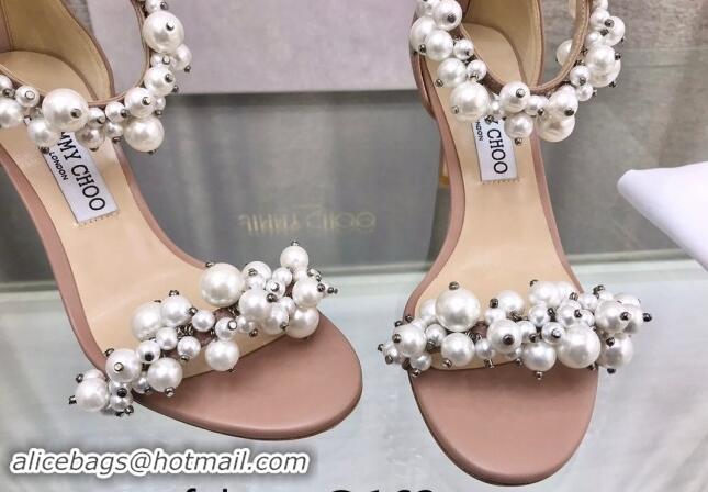 Feminine Jimmy Choo Pearls Leather Heel Sandals 8.5cm Beige 724053