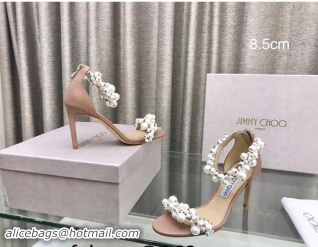 Feminine Jimmy Choo Pearls Leather Heel Sandals 8.5cm Beige 724053