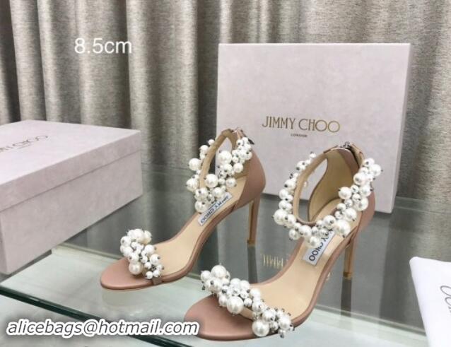 Feminine Jimmy Choo Pearls Leather Heel Sandals 8.5cm Beige 724053