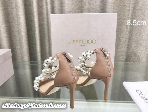 Feminine Jimmy Choo Pearls Leather Heel Sandals 8.5cm Beige 724053