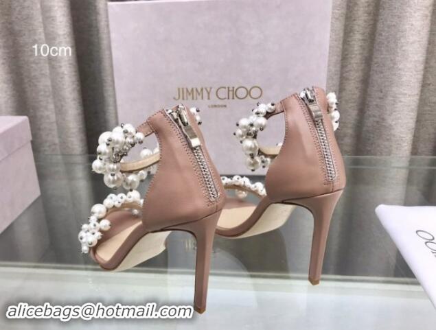 Unique Style Jimmy Choo Pearls Leather Heel Sandals 10cm Beige 724054