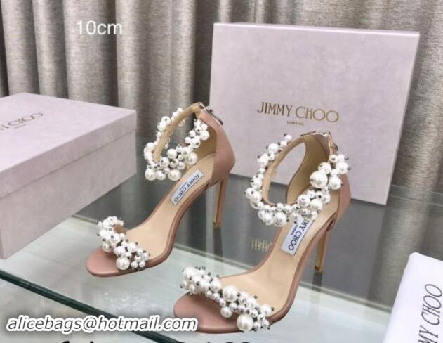 Unique Style Jimmy Choo Pearls Leather Heel Sandals 10cm Beige 724054